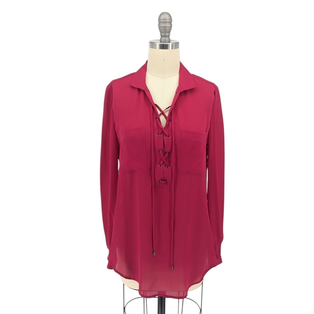 Haute Hippie Lace Up Silk Blouse Top Red XSmall preppy Business casual western